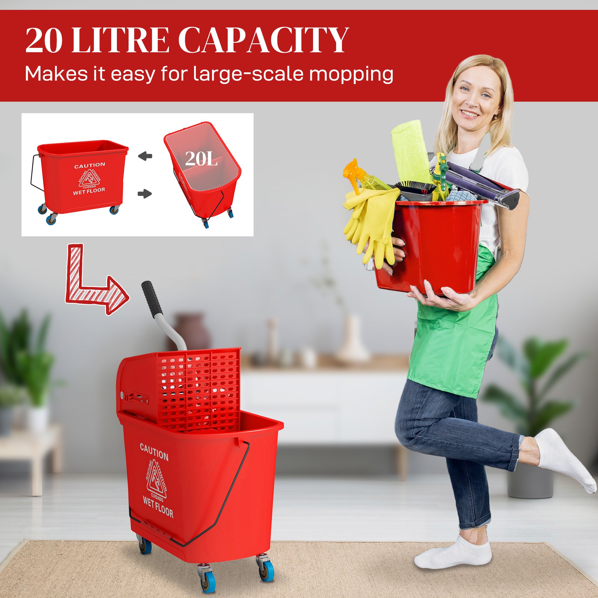 HOMCOM 20L Compact Mop Bucket on Wheels, with Water Separation Panel - Red